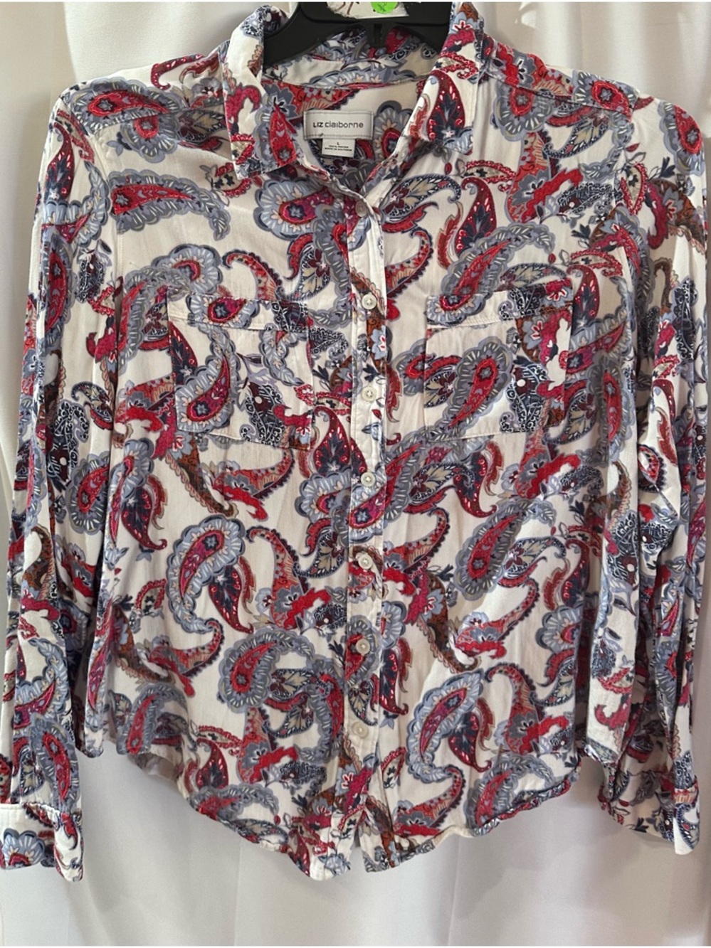 Liz Claiborne White Button-Down Shirt with Red and Gray Paisley